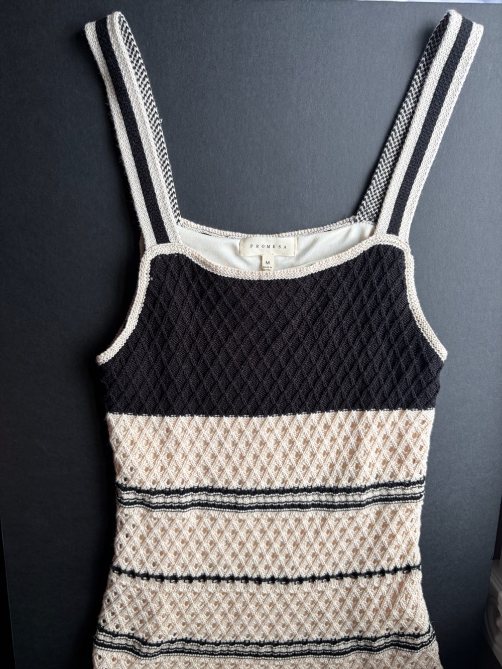 Promesa Cream Black Pointelle Knit Scalloped Hem Mini Dress Size M